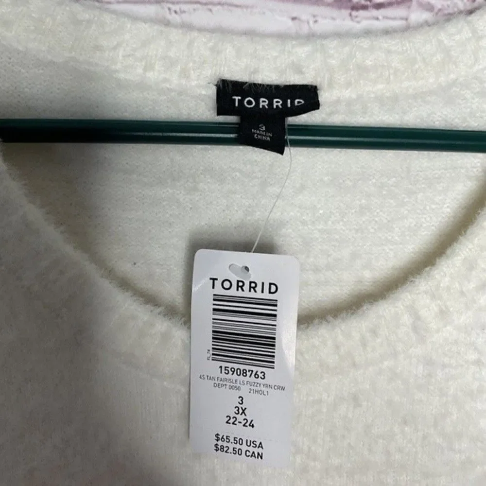 NWT Torrid Womens Tan Fuzzy Yarn Crew Fair Isle Skull Sweater Size 3X‎